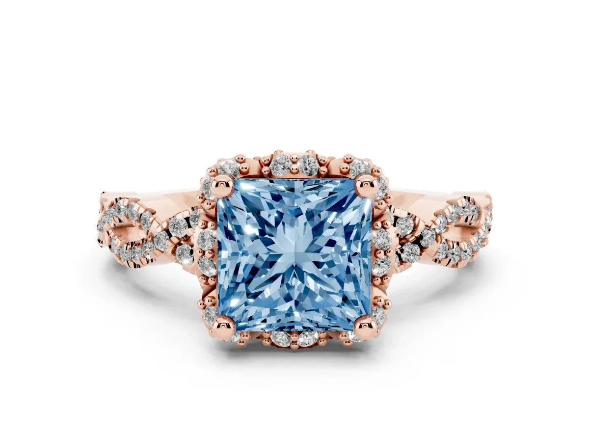 Fancy Blue Princess Cut Halo Twist Band Solitaire Ring with Six-Prong Setting Rose gold