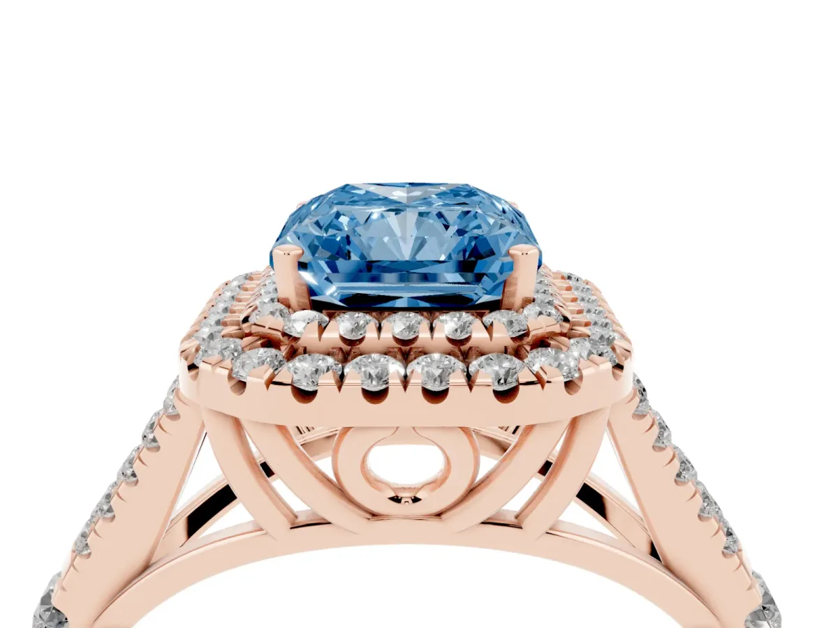 Fancy Blue Double Halo Radiant Cut Diamond Split Shank Engagement Ring with Four-Prong Setting Rose gold