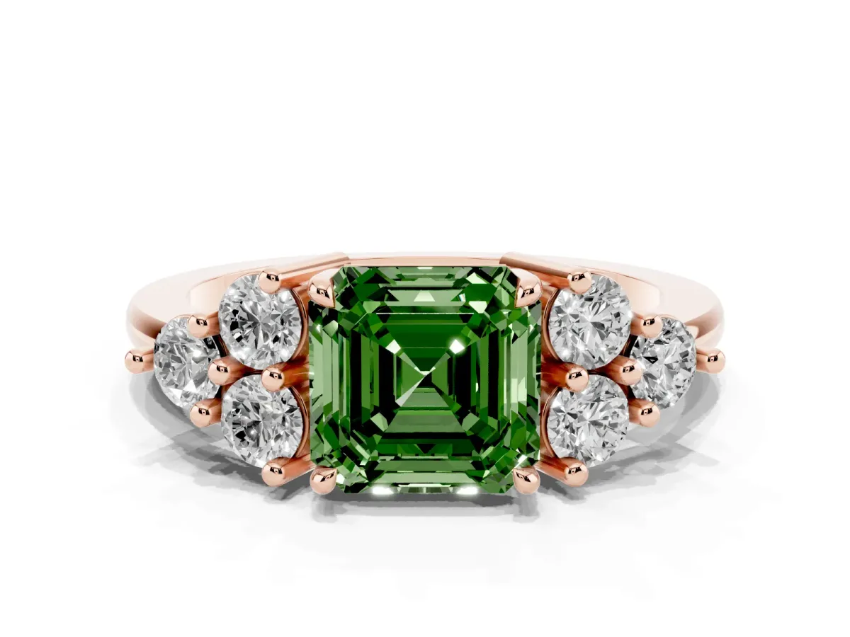 Fancy Green Asscher Cut Brilliant Diamond Cluster Accent Solitaire Ring with Prong Setting Rose gold