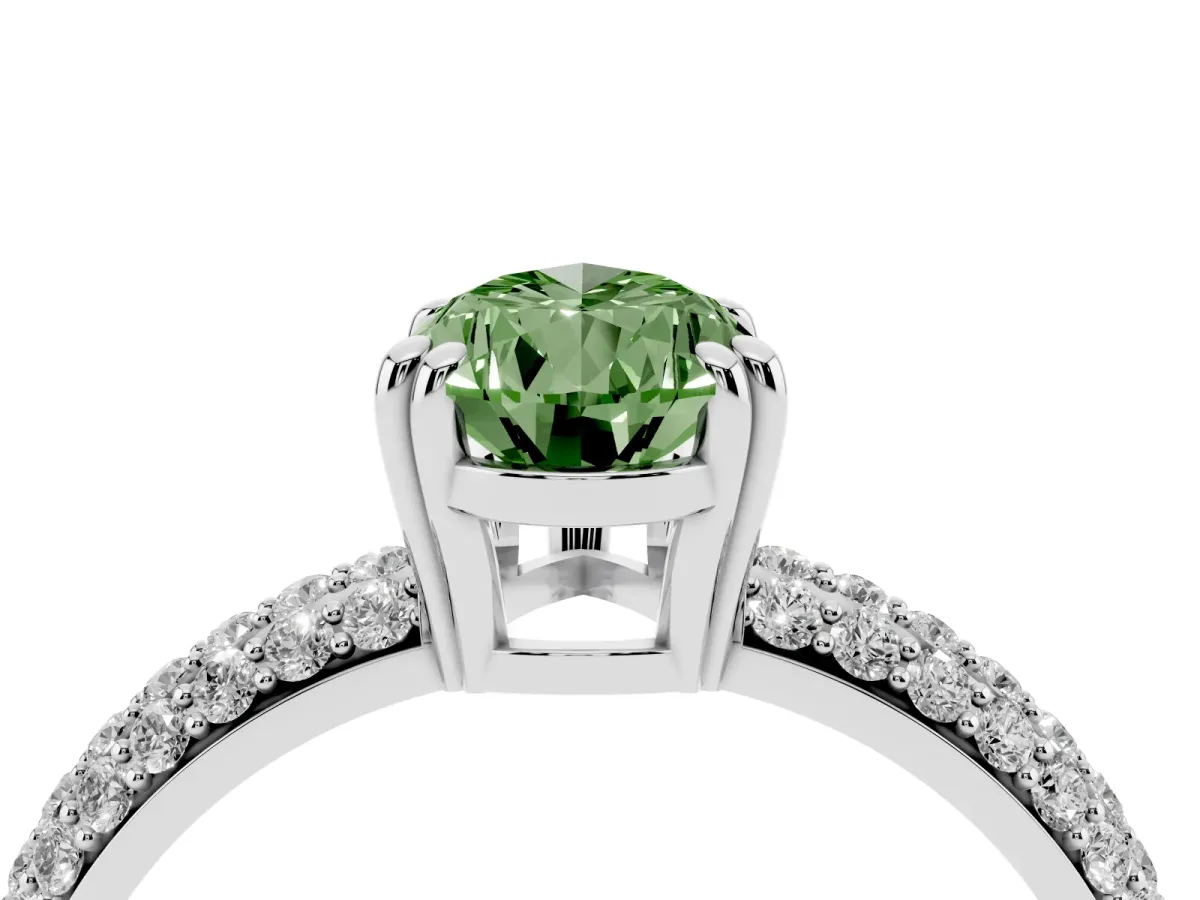 Fancy Green Pear Cut Diamond Solitaire Ring with Multi-Row Round Pavé Band and Prong Setting Silver