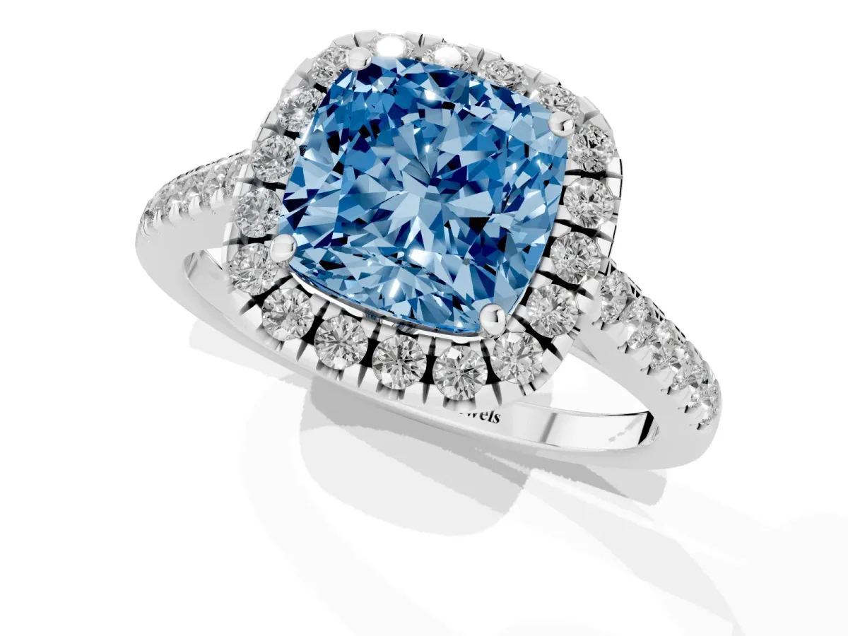 Fancy Blue Cushion Cut Halo Pavé Diamond Engagement Ring with Four-Prong Setting Platinum