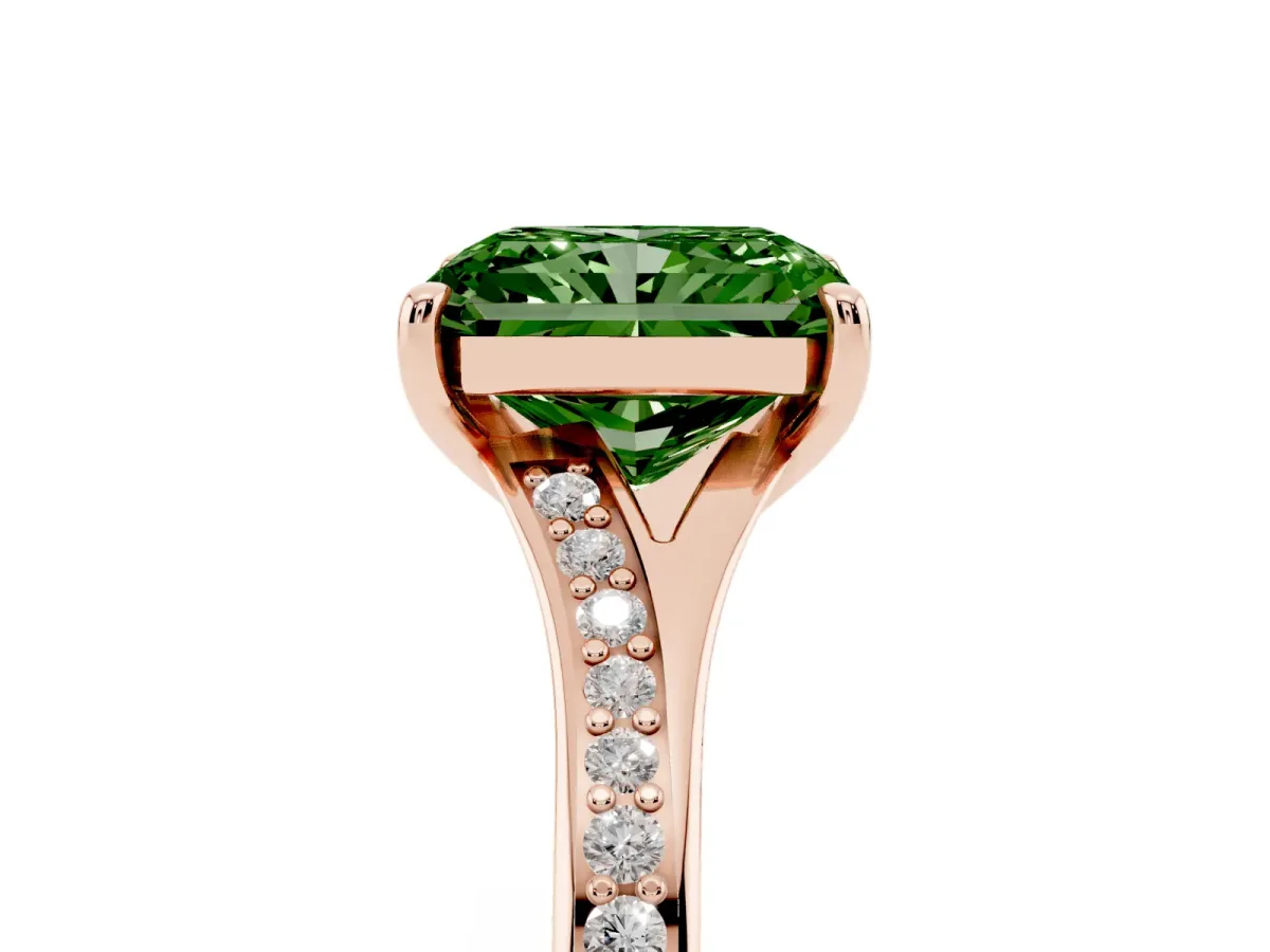 Fancy Green Radiant Cut Diamond Solitaire Ring with Pavé Band and Prong Setting Rose gold