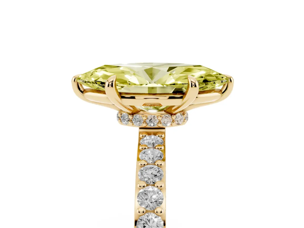 Fancy Yellow Marquise Cut Diamond Pavé Engagement Ring with Round Accents and Prong Setting Yellow gold