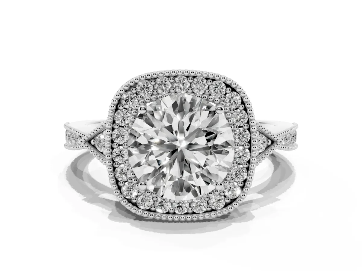 Round Cut Halo Round Diamond Milgrain Pave Engagement Ring Silver