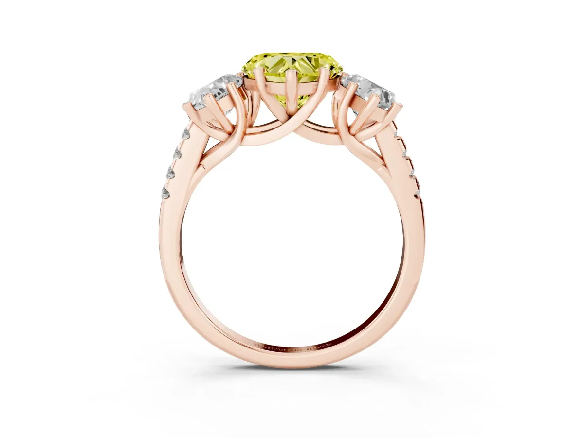 Fancy Yellow Three-Stone Heart Cut Diamond Ring with Round Pavé Band and Prong Setting Rose gold