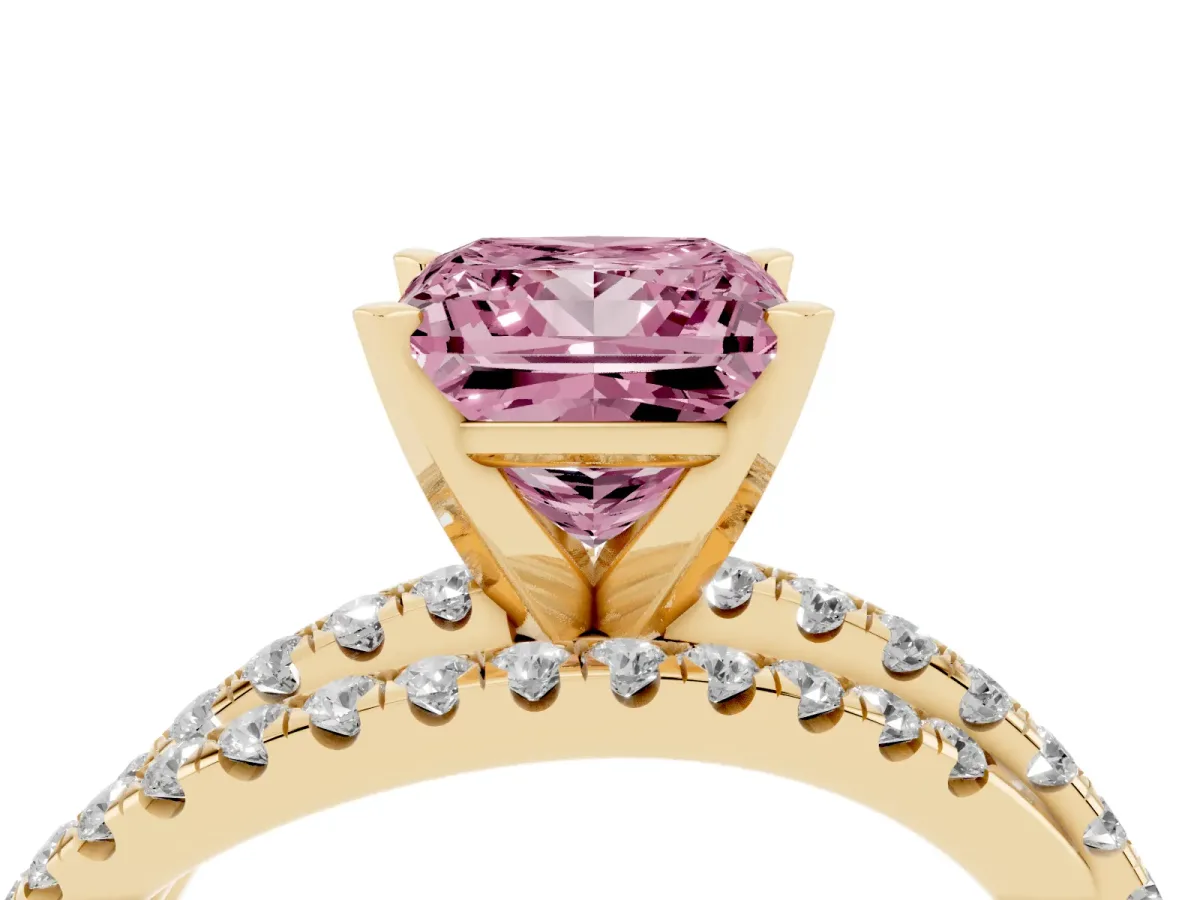 Fancy Pink Princess Cut Solitaire Twist Band with Pavé Setting and Four-Prong Setting Yellow gold