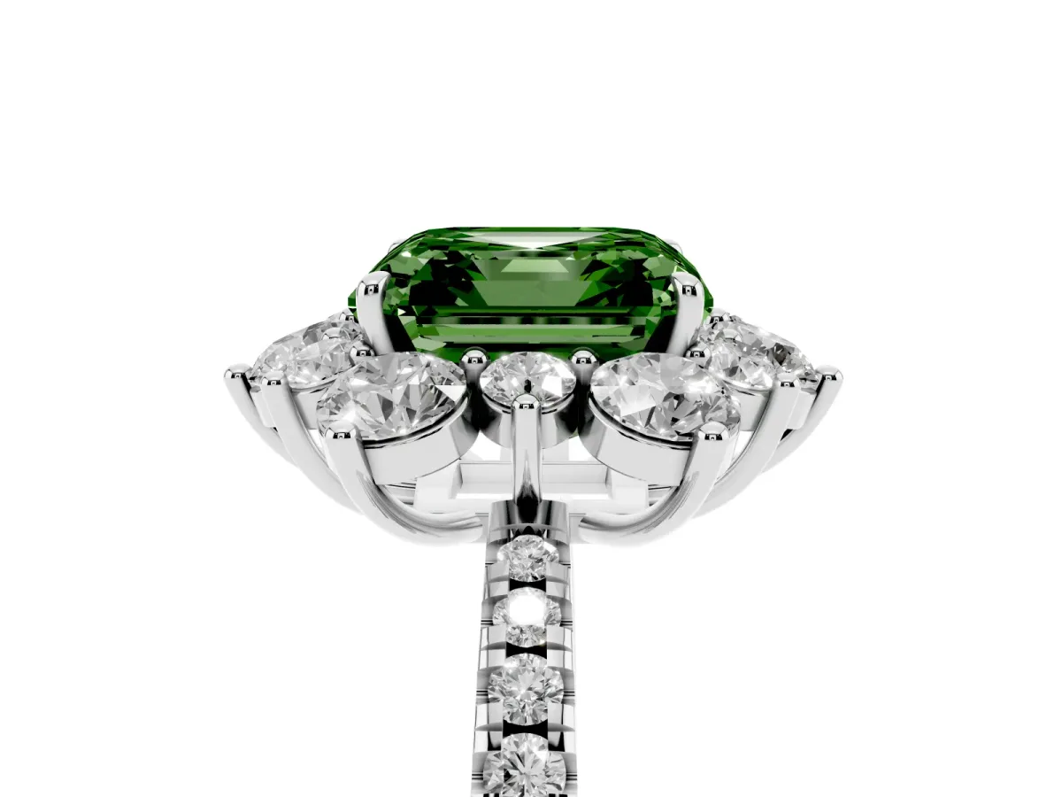 Fancy Green Asscher Cut Diamond Floral Halo Ring with Round Pavé Band and Prong Setting Platinum