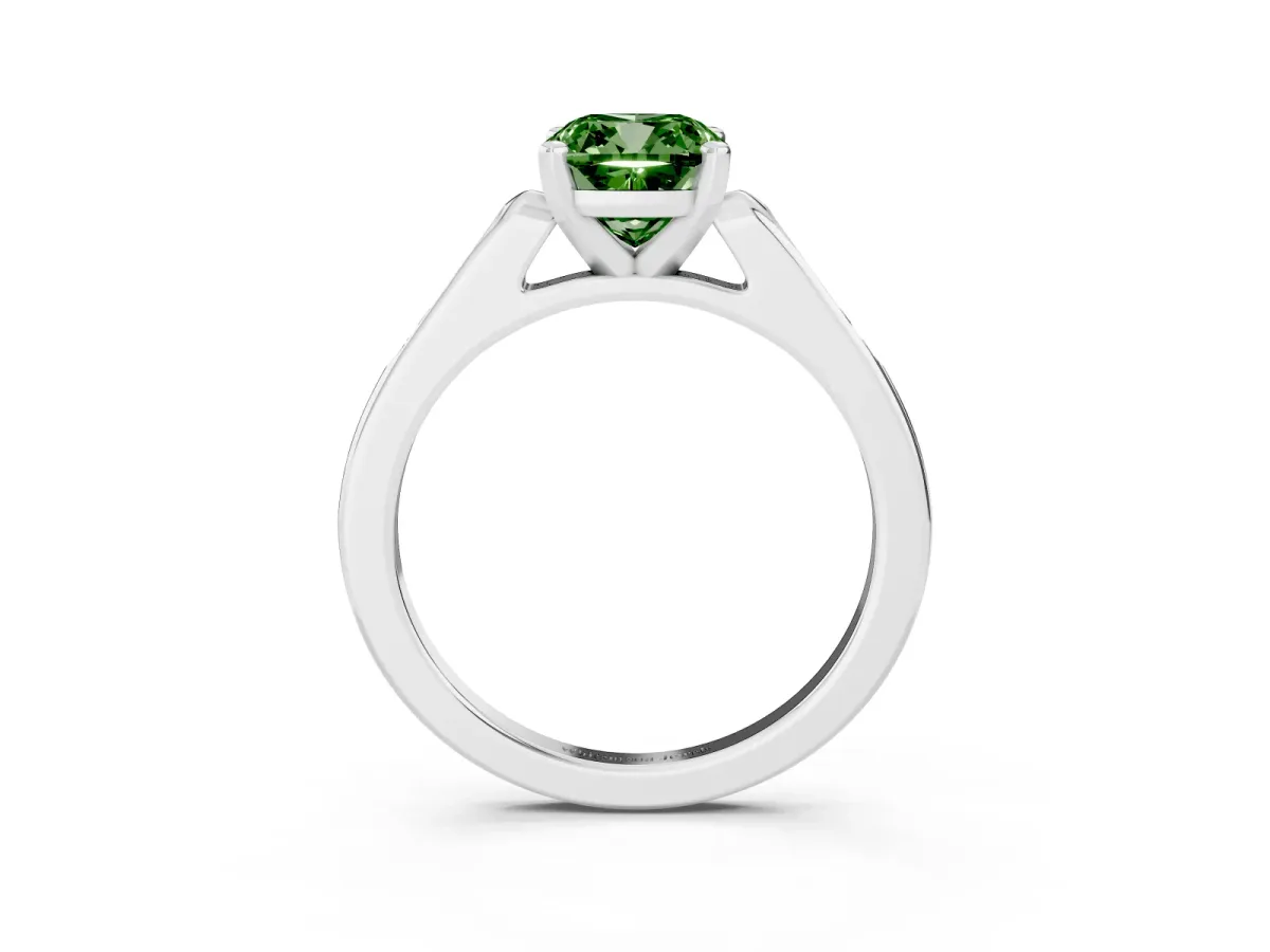 Fancy Green Cushion Cut Diamond Solitaire Ring with Channel Set Round Band and Prong Setting Silver