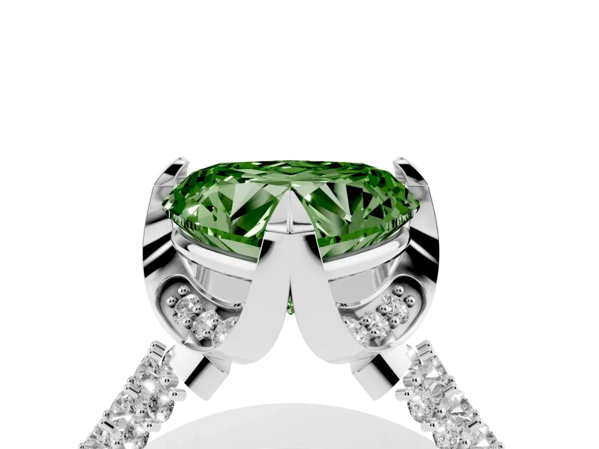 Fancy Green Heart Cut Solitaire Pave Split Shank Ring with Four-Prong Setting Silver