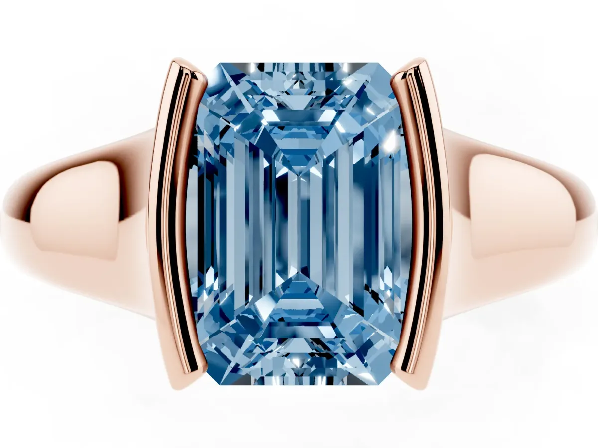 Fancy Blue Emerald Cut Solitaire Tension Set Diamond Ring with Split Shank Band Rose gold