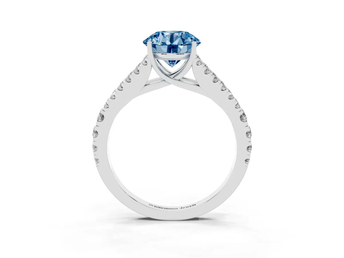 Fancy Blue Round Cut Diamond Split Shank Pavé Engagement Ring with Four-Prong Setting White gold