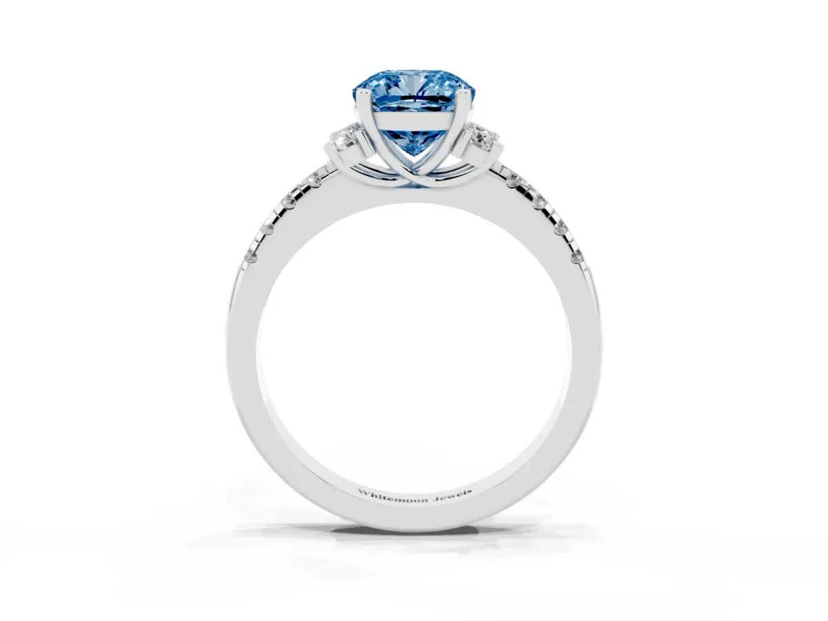 Fancy Blue Cushion Cut Diamond Three-Stone Pave Band with Four-Prong Setting White gold