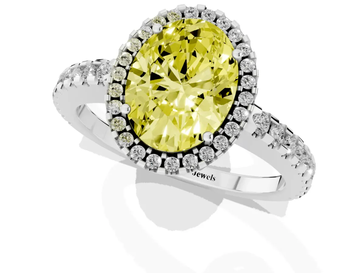 Fancy Yellow Oval Cut Diamond Halo Engagement Ring with Pavé Band and Prong Setting White gold