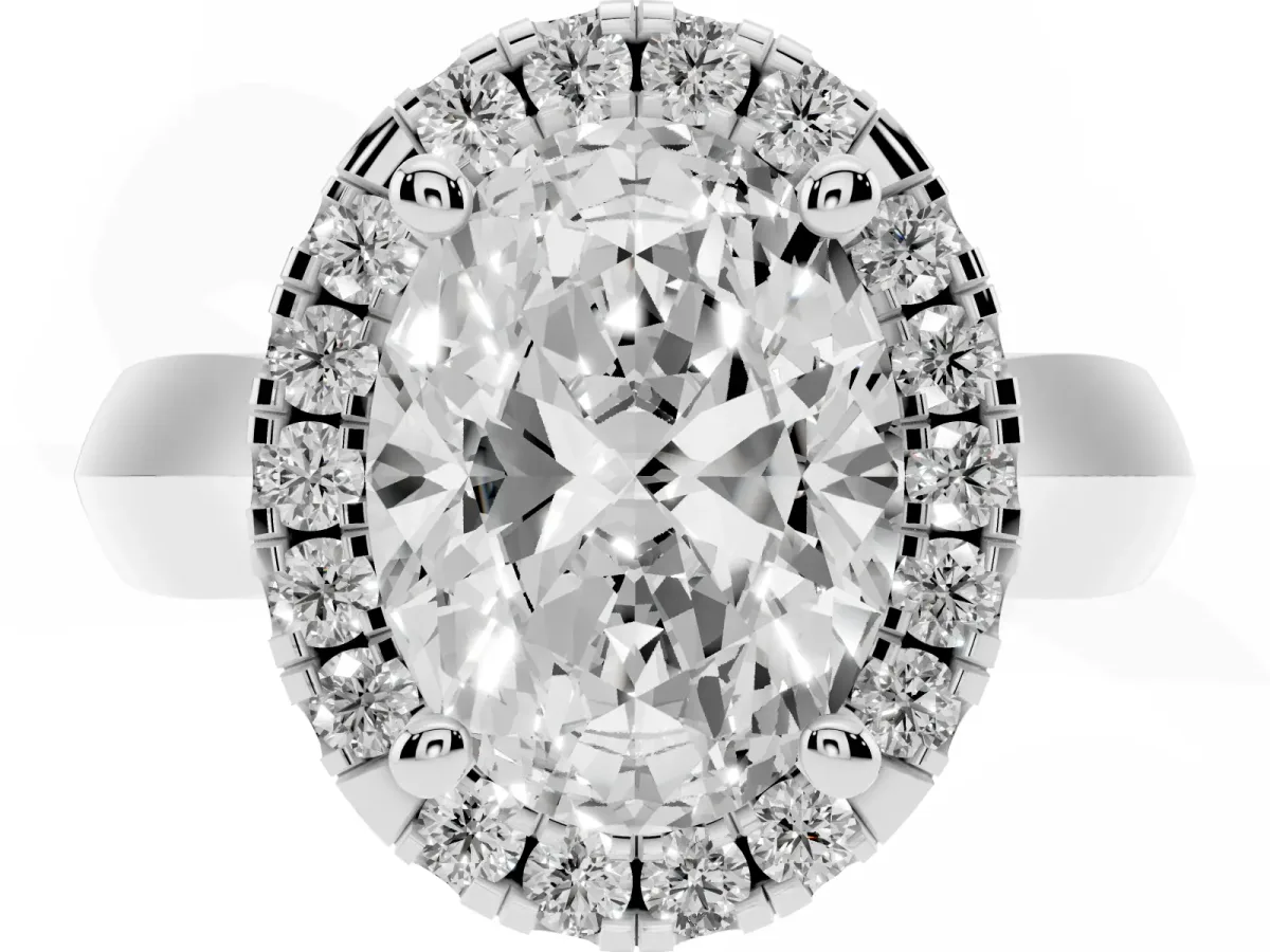 Oval Cut Cut Halo Solitaire Engagement Ring with Square Band and Four-Prong Setting White gold