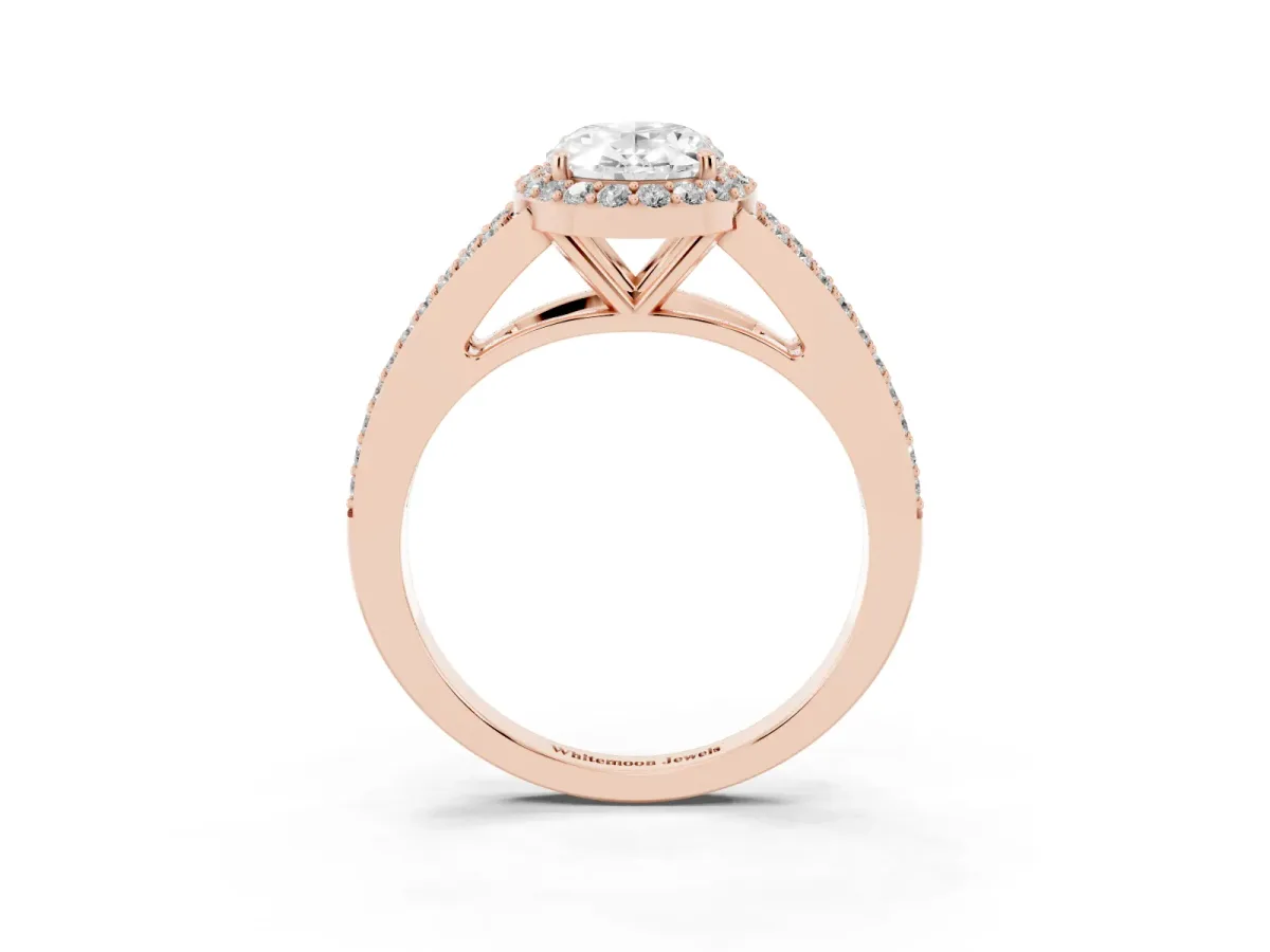Oval Cut Halo Split Shank Diamond Ring with Prong Setting Rose gold