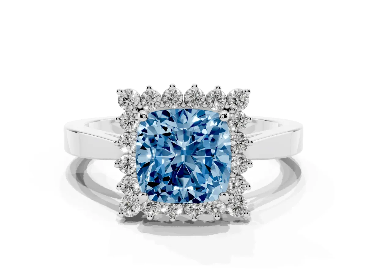 Fancy Blue Cushion Cut Cut Diamond Halo Ring with Round Brilliant Halo and Solitaire Band Silver