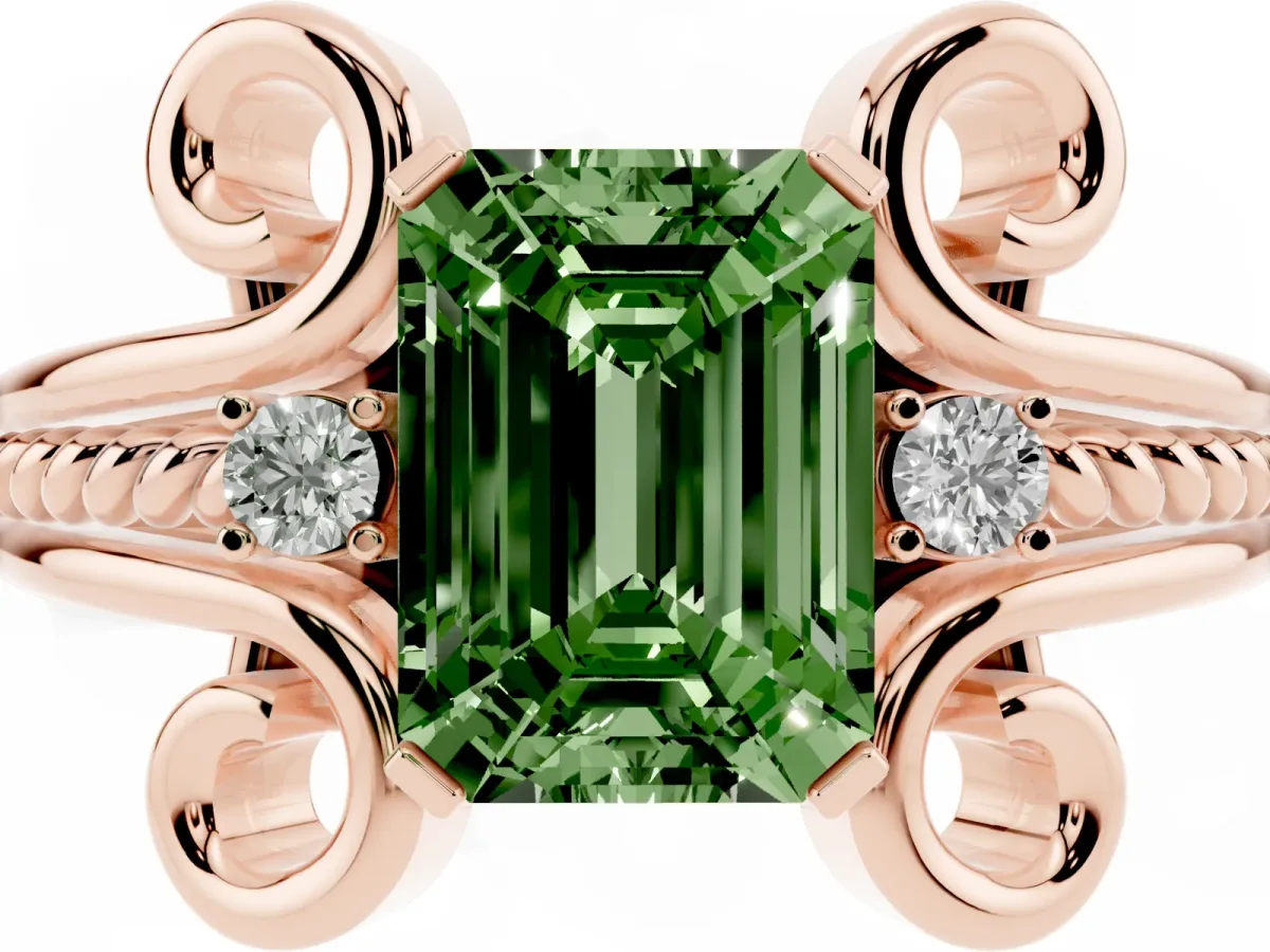 Fancy Green Emerald Cut Solitaire Twisted Band Scroll Prong Ring Rose gold