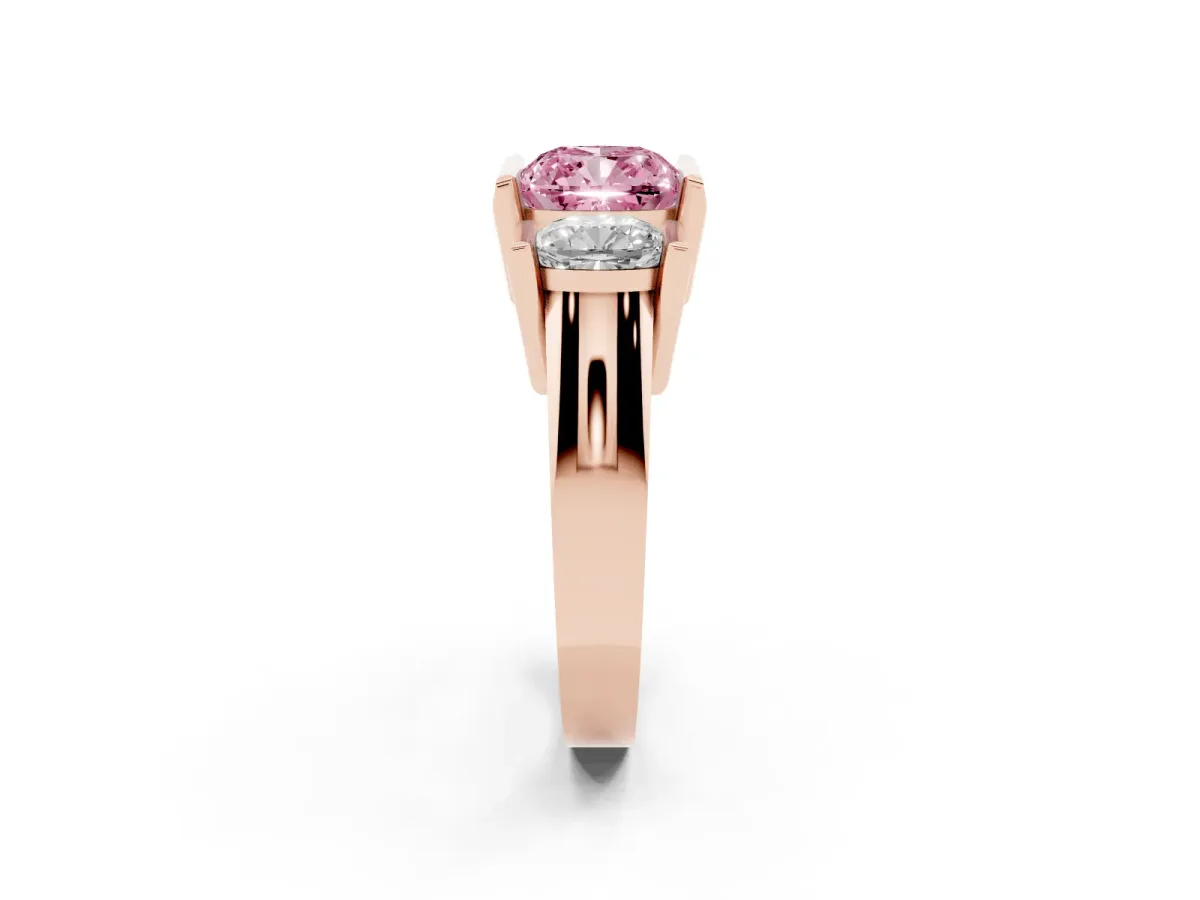 Fancy Pink Three Stone Cushion Cut Cut Channel Set Diamond Ring Rose gold