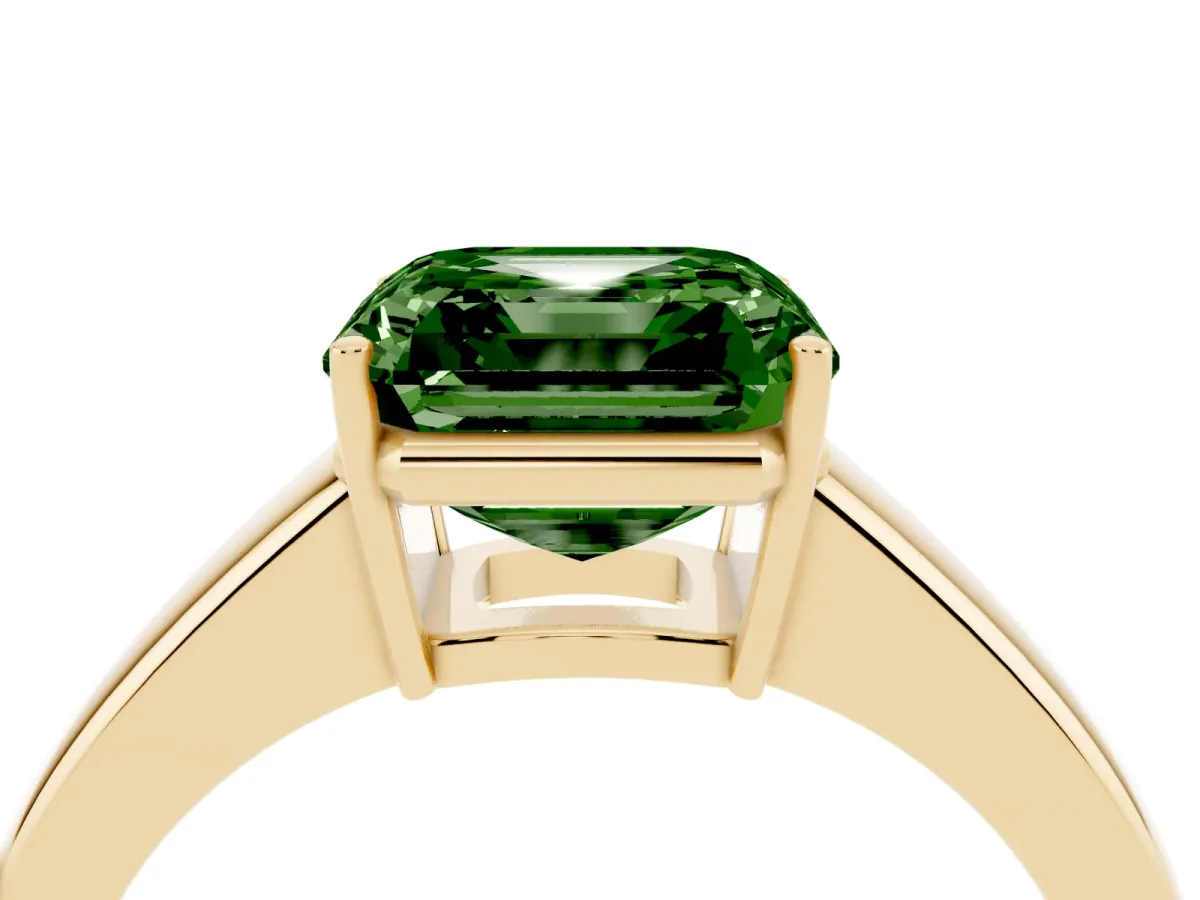 Fancy Green Asscher Cut Solitaire Diamond Ring with Tapered Band and Four-Prong Setting Yellow gold
