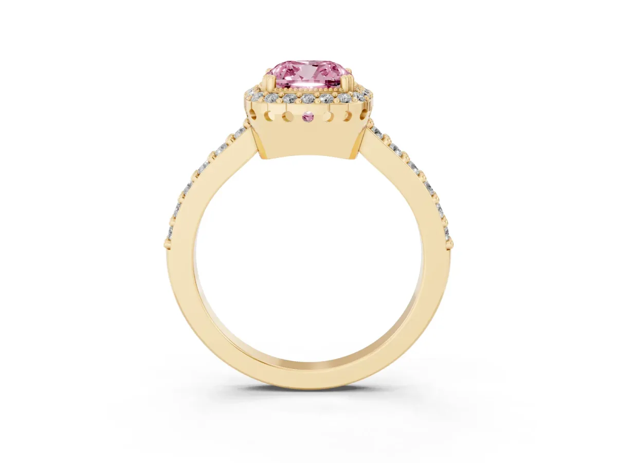 Fancy Pink Cushion Cut Cut Diamond Halo Engagement Ring with Milgrain Detail and Pavé Band Yellow gold
