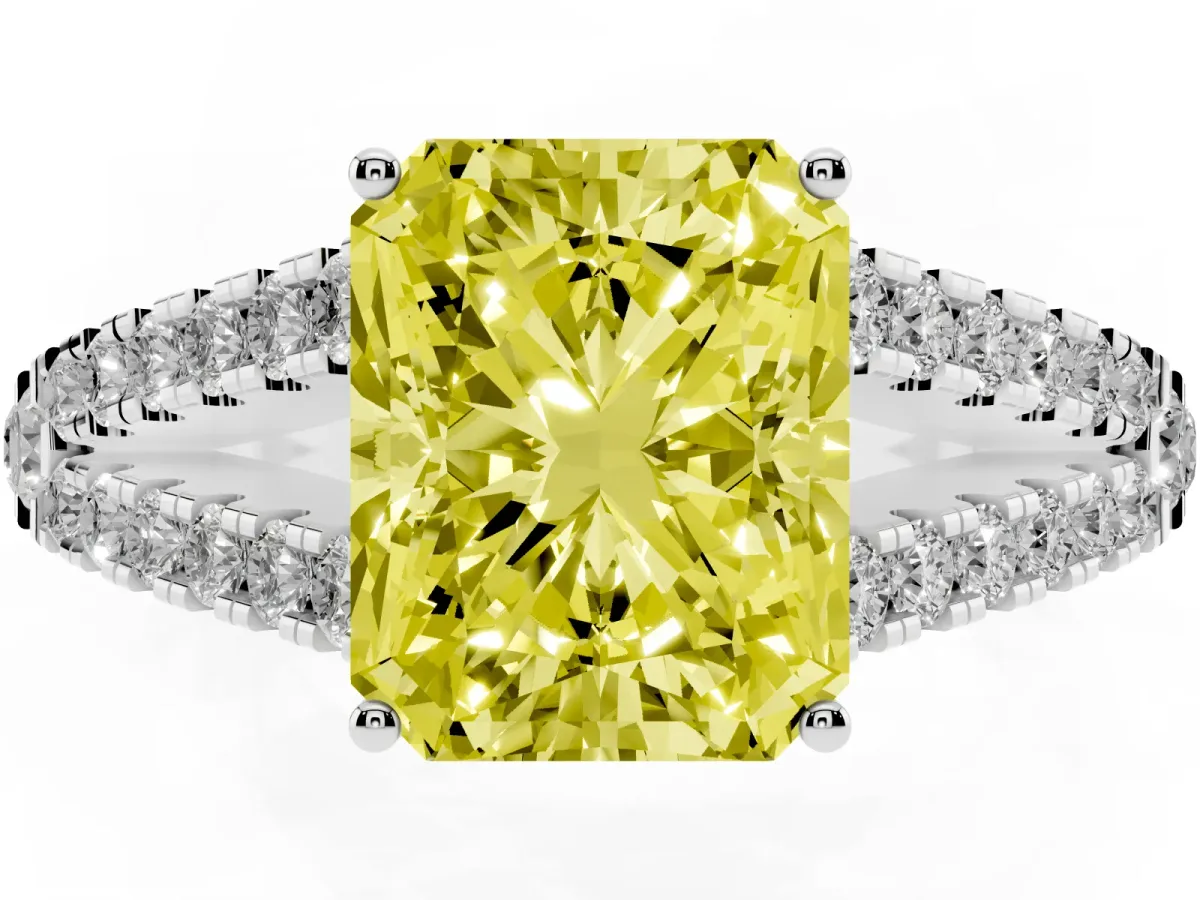 Fancy Yellow Radiant Cut Diamond Split Shank Engagement Ring with Round Pavé and Prong Setting Silver