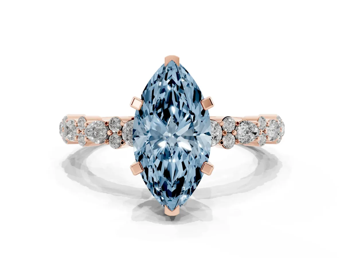 Fancy Blue Marquise Cut Diamond Side Stone Solitaire Ring with Round and Four-Prong Setting Rose gold