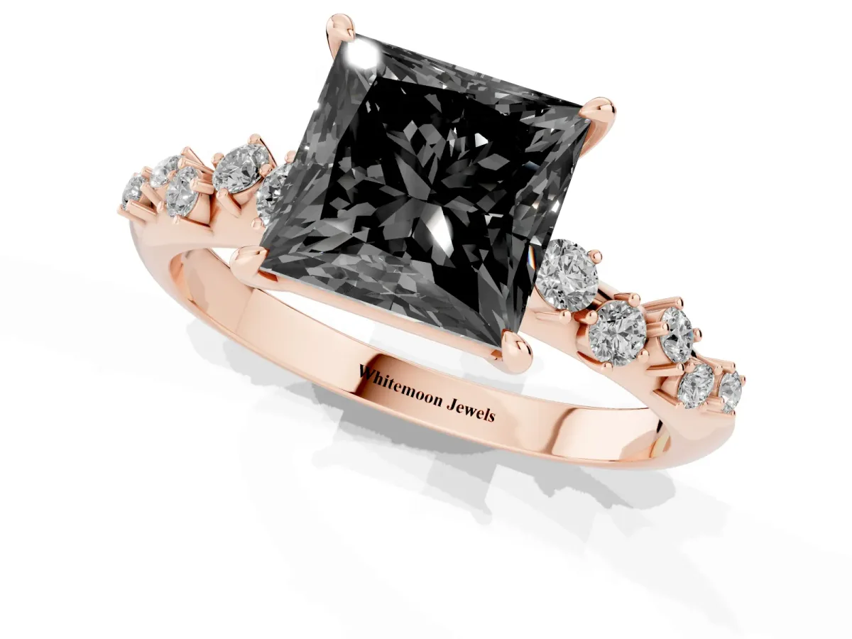 Fancy Black Princess Cut Diamond Cluster Side Stone Solitaire Ring with Prong Setting Rose gold