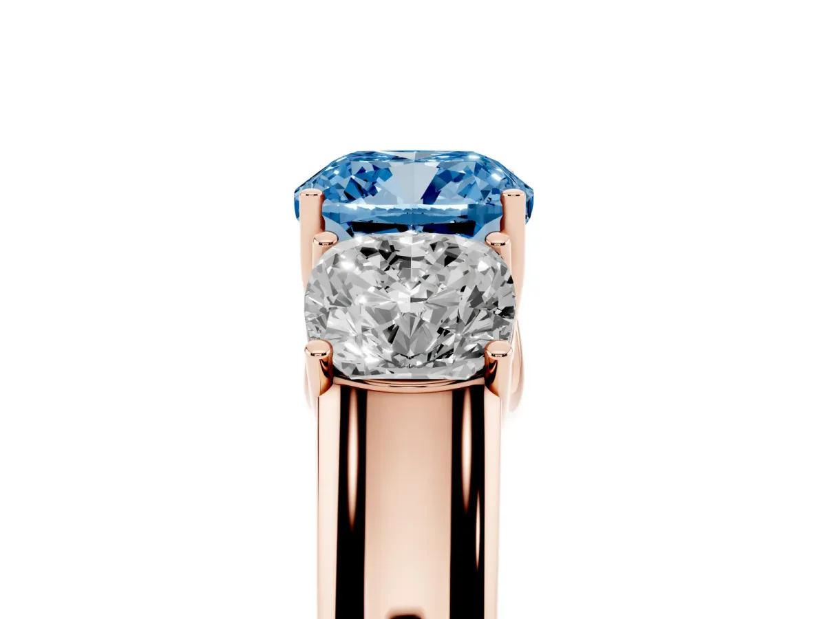 Fancy Blue Three-Stone Cushion Cut Cut Diamond Ring with Prong Setting and Classic Band Rose gold