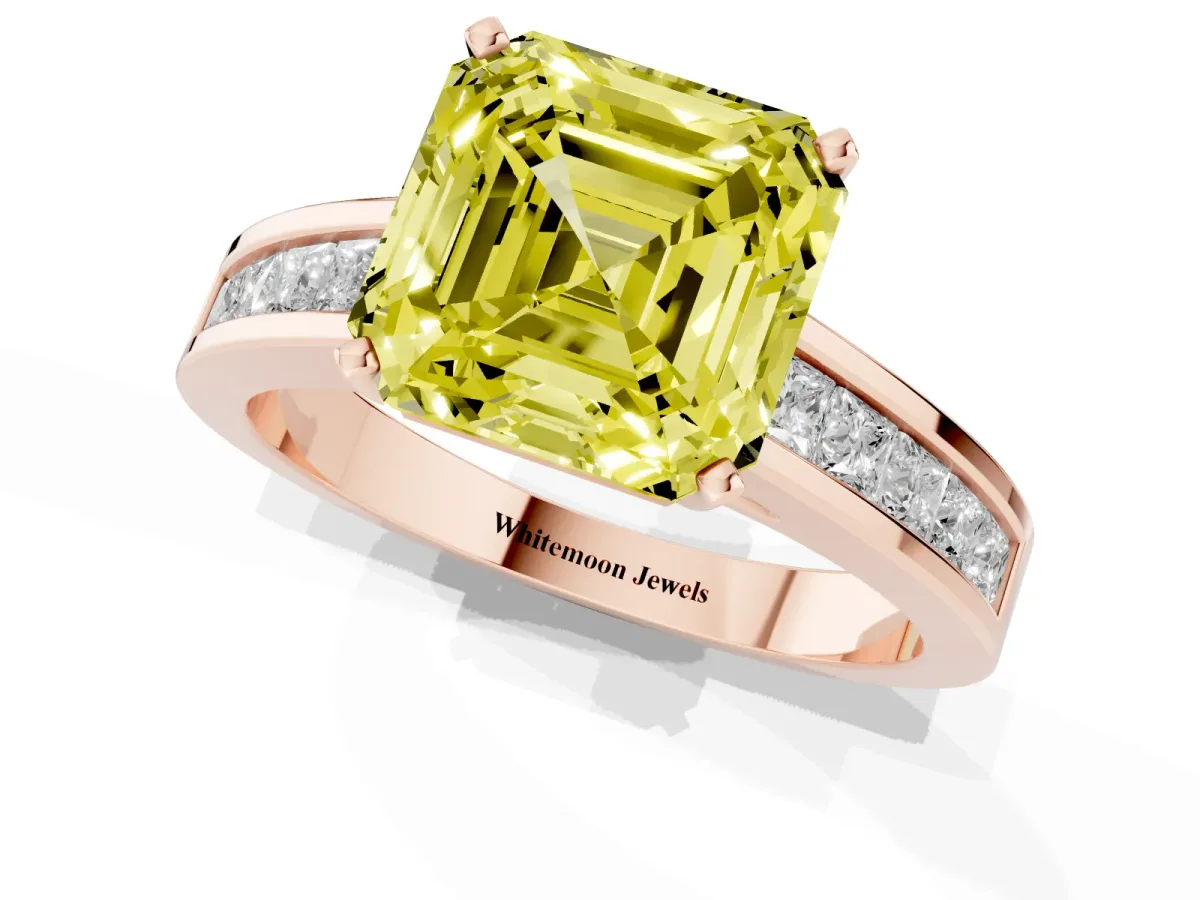 Fancy Yellow Asscher Cut Solitaire Diamond Ring with Channel-Set Band and Four-Prong Setting Rose gold