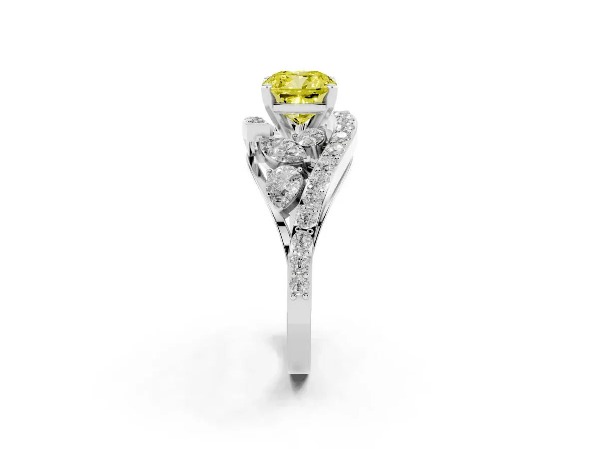 Fancy Yellow Cushion Cut Diamond Halo Ring with Marquise and Pavé Band in Prong Setting Silver