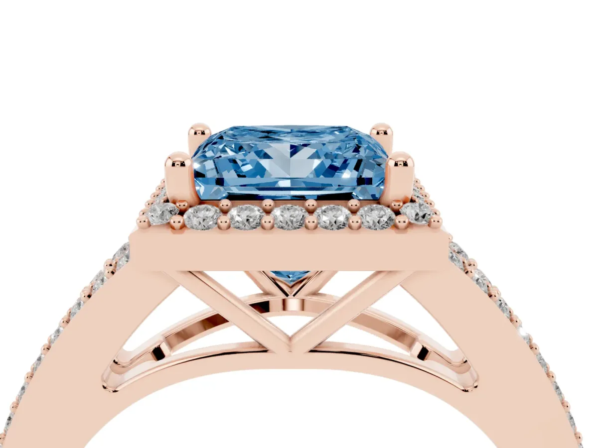 Fancy Blue Princess Cut Halo Split Shank Diamond Ring with Prong Setting Rose gold