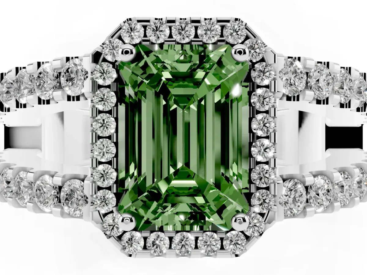 Fancy Green Emerald Cut Cut Halo Split Shank Diamond Ring with Four-Prong Setting Platinum