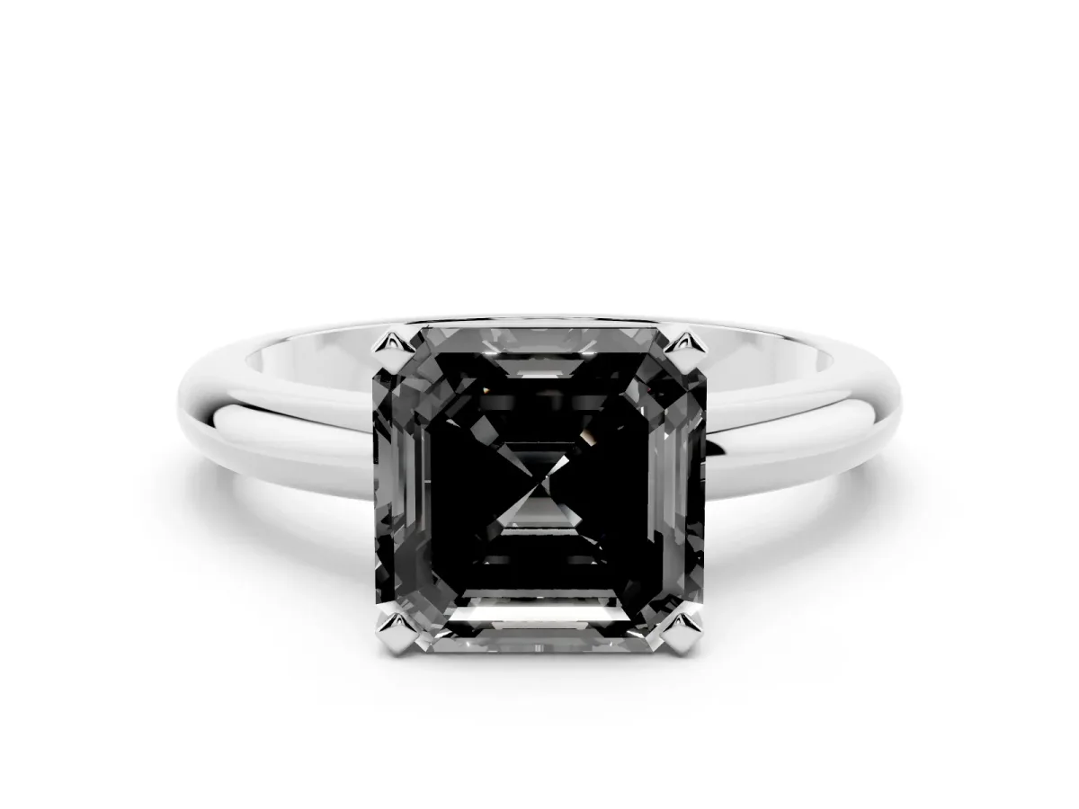 Fancy Black Asscher Cut Diamond Solitaire Engagement Ring with Round Band and Four-Prong Setting Platinum