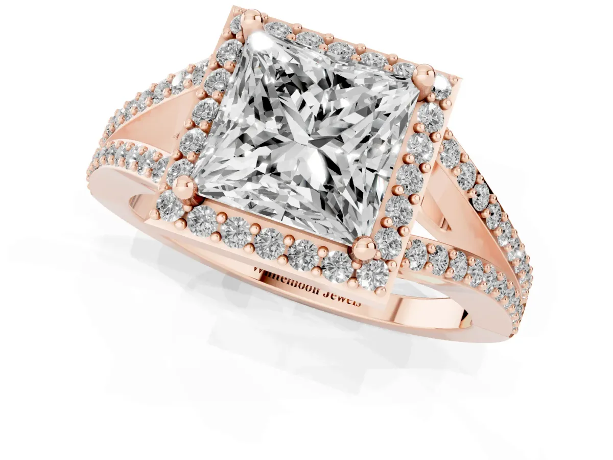 Princess Cut Halo Split Shank Diamond Ring with Prong Setting Rose gold