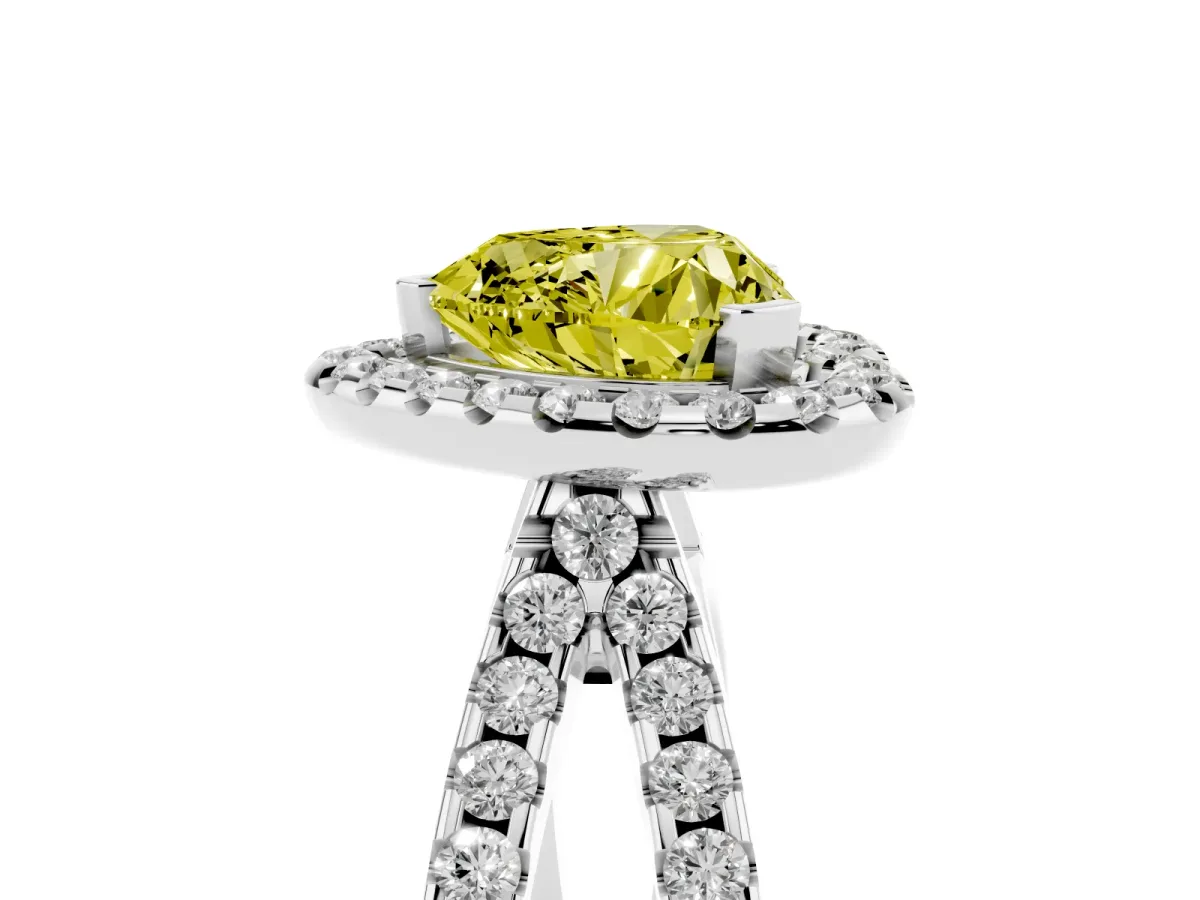 Fancy Yellow Heart Cut Diamond Halo Ring with Split Shank Pavé Band and Prong Setting Silver