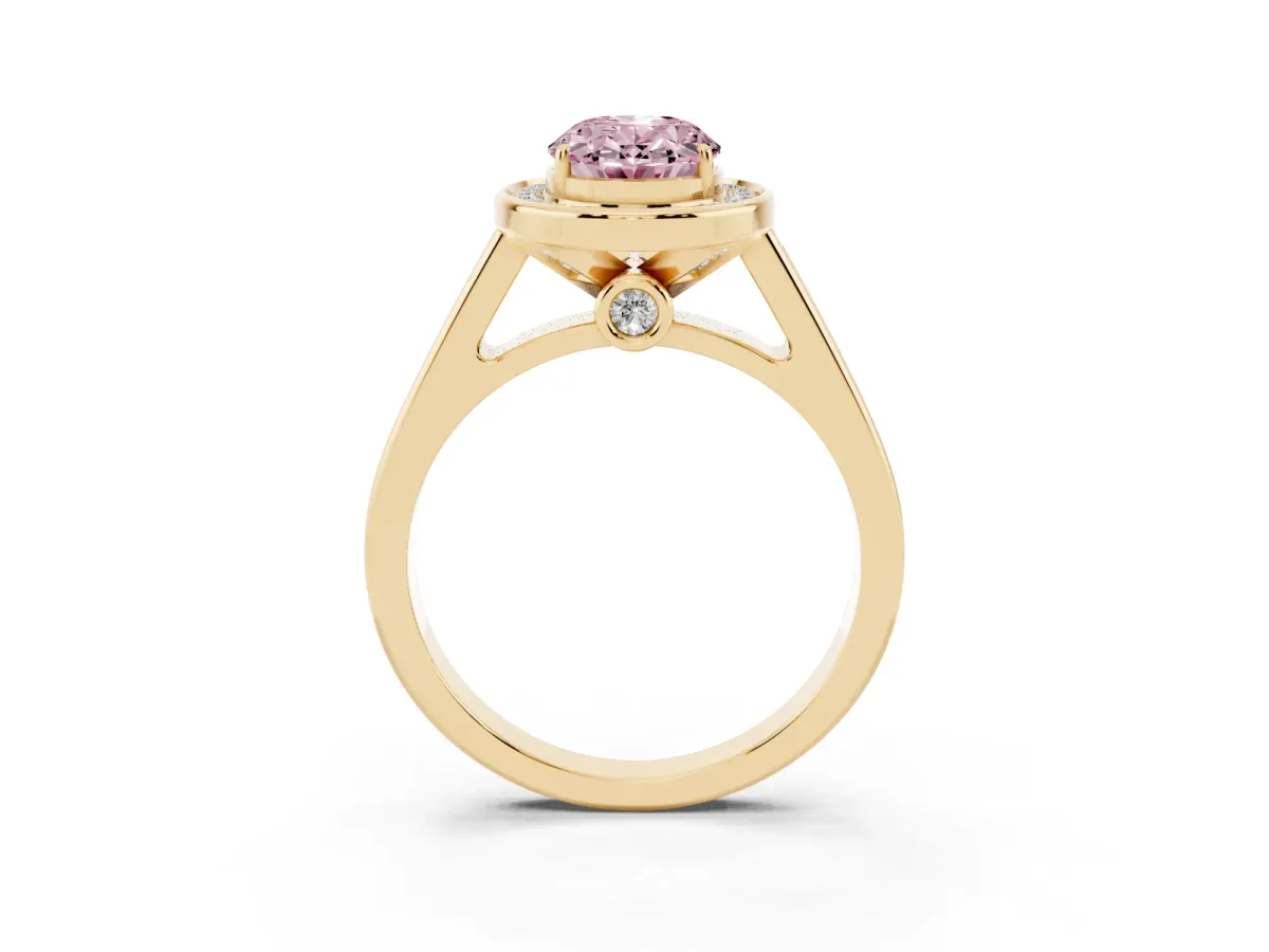 Fancy Pink Oval Cut Halo Solitaire Diamond Ring with Pave Band and Bezel Setting Yellow gold