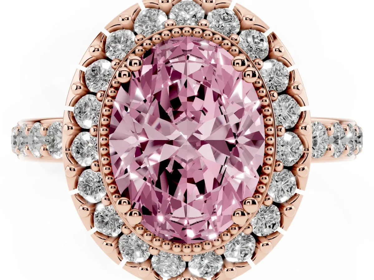 Fancy Pink Oval Cut Diamond Halo Ring with Pavé Band and Prong Setting Rose gold