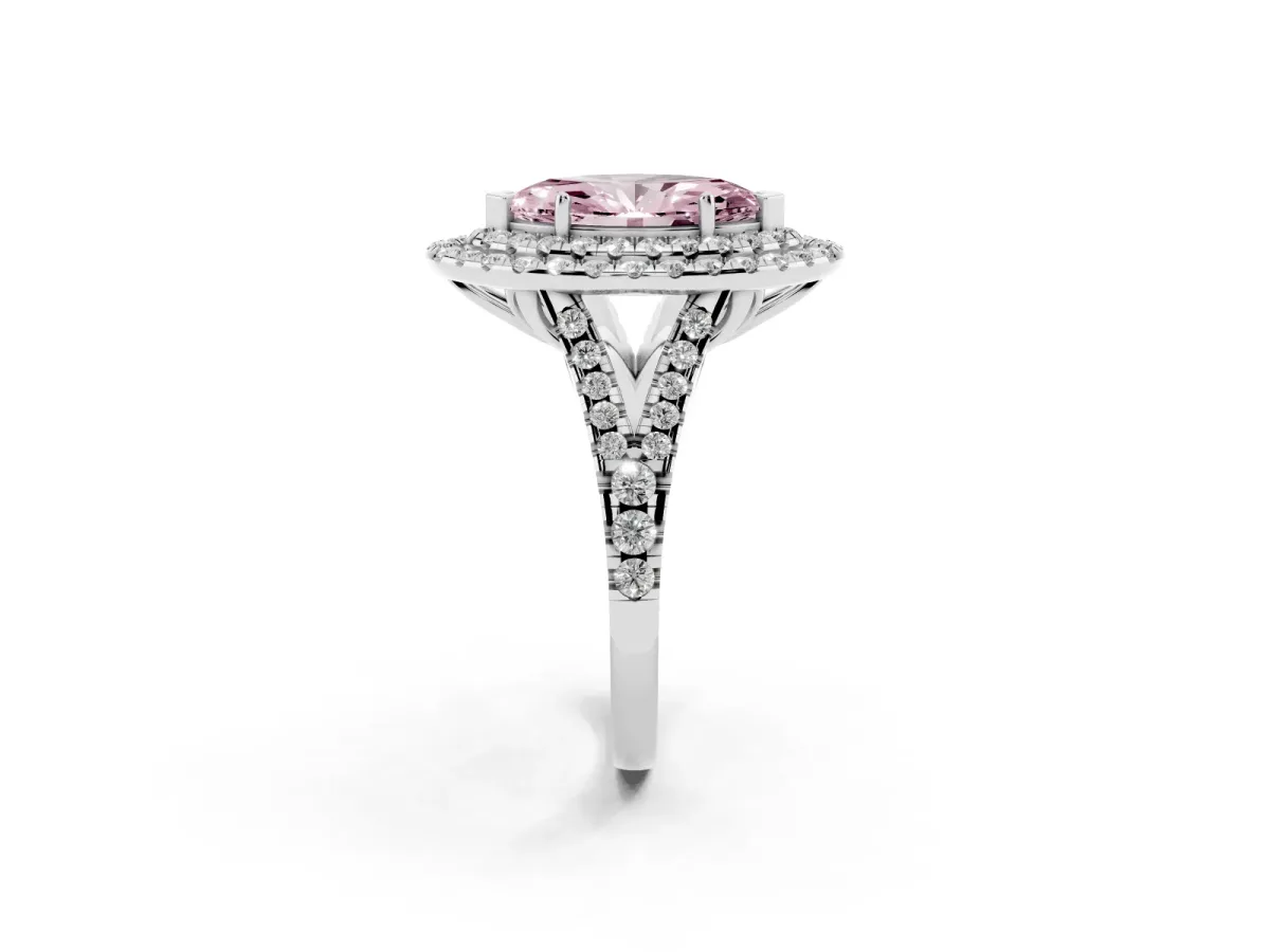 Fancy Pink Double Halo Marquise Cut Diamond Pavé Split Shank Ring with Prong Setting Platinum