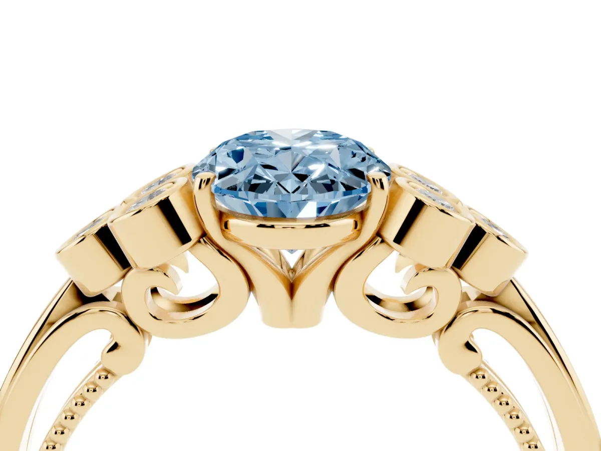 Fancy Blue Oval Cut Cut Diamond Engagement Ring with Bezel Set Round Side Stones and Prong Setting Yellow gold