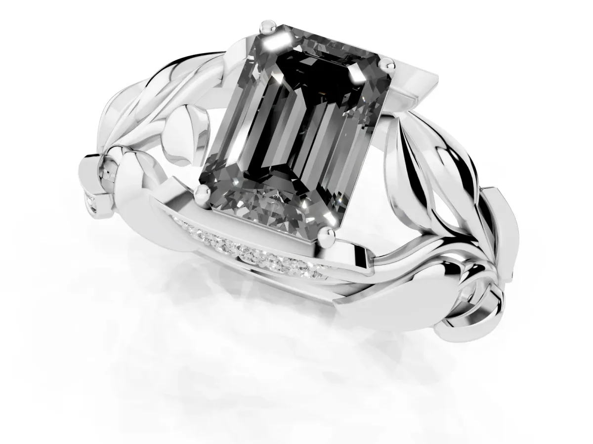 Fancy Black Emerald Cut Diamond Leaf-Inspired Engagement Ring with Round Accents and Prong Setting Silver