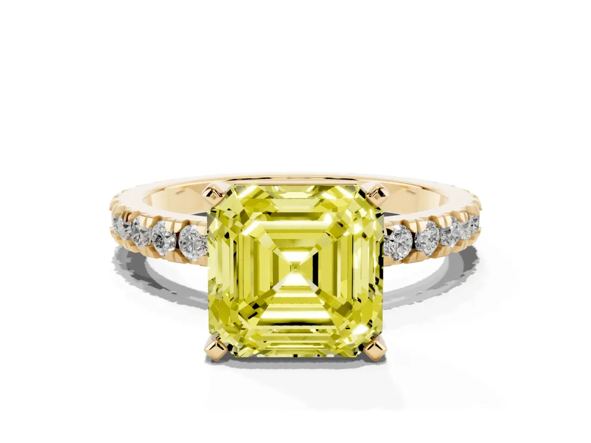 Fancy Yellow Asscher Cut Diamond Pavé Band Solitaire with Four-Prong Setting Yellow gold
