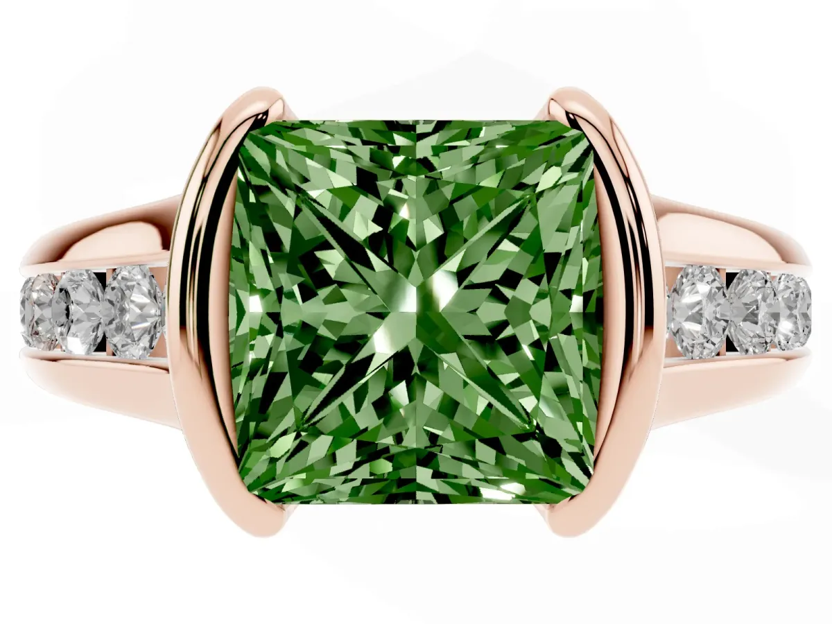 Fancy Green Princess Cut Solitaire Bezel-Set Diamond Ring with Channel-Set Band Rose gold