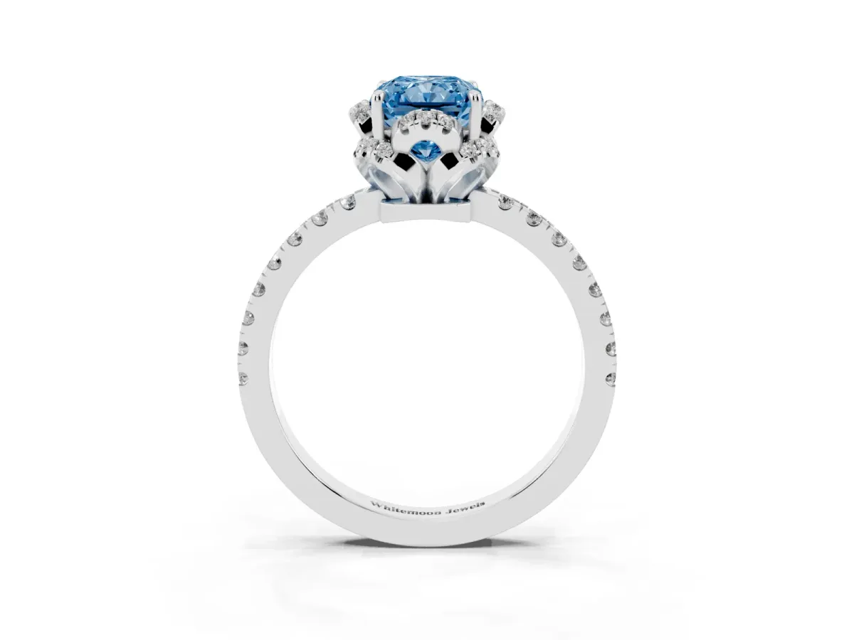 Fancy Blue Radiant Cut Diamond Halo Pave Band with Four-Prong Setting Silver