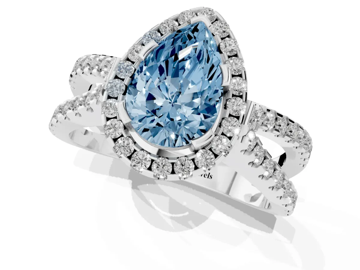 Fancy Blue Pear Cut Diamond Halo Ring with Split Shank Pavé Band and Prong Setting Silver