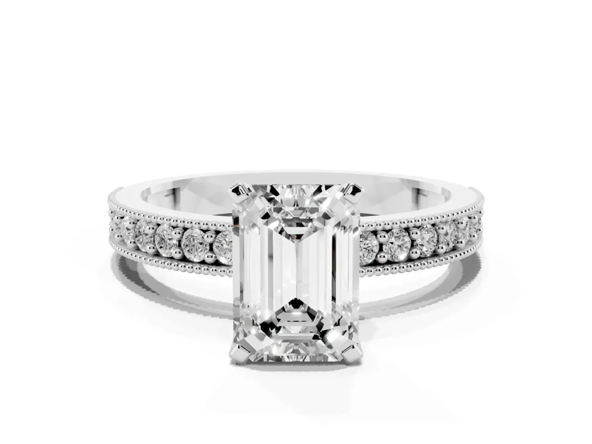 Emerald Cut Diamond Milgrain Pavé Engagement Ring with Four-Prong Setting Silver