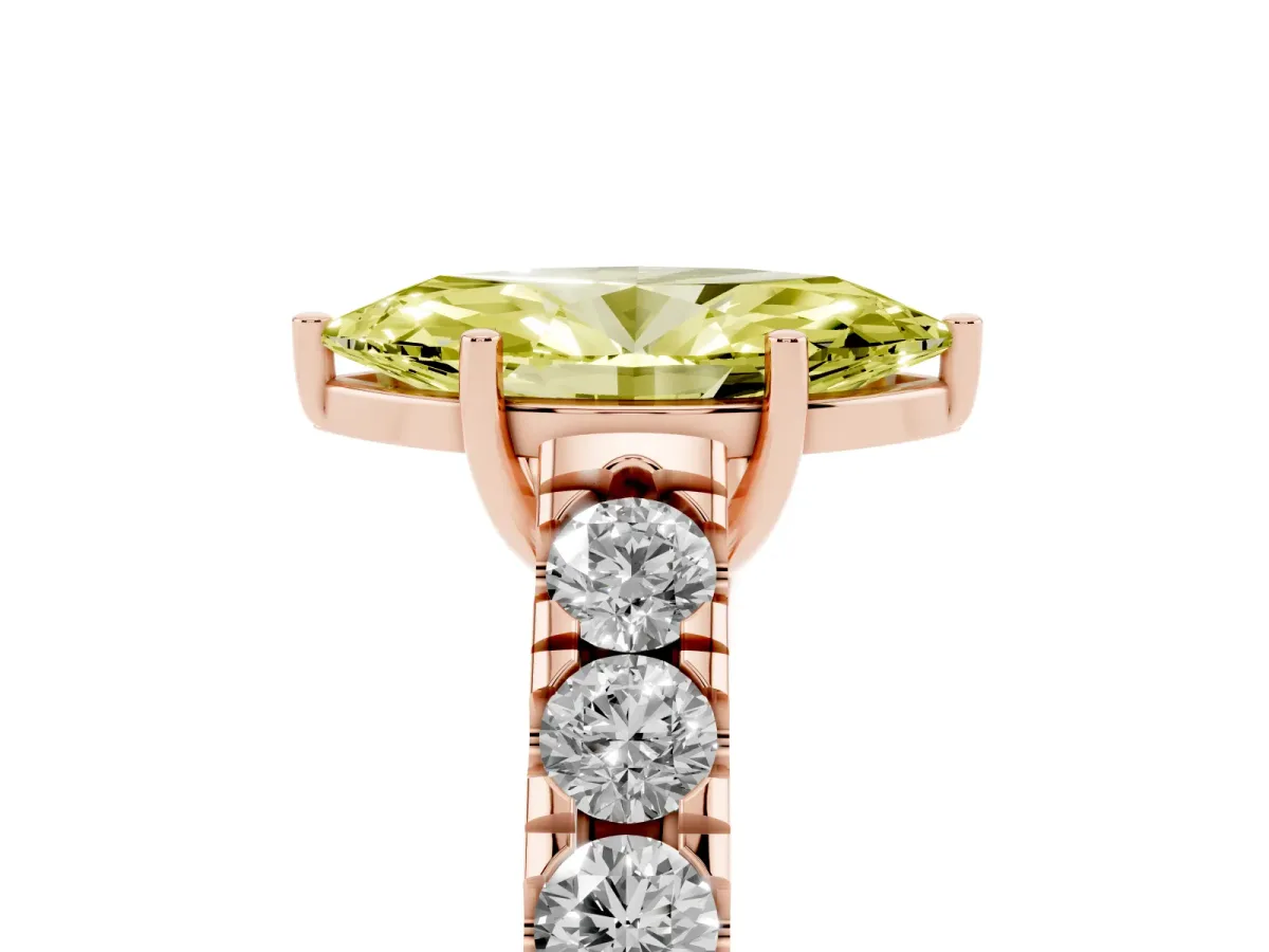 Fancy Yellow Marquise Cut Cut Diamond Solitaire Ring with Micro Pave Band and Prong Setting Rose gold