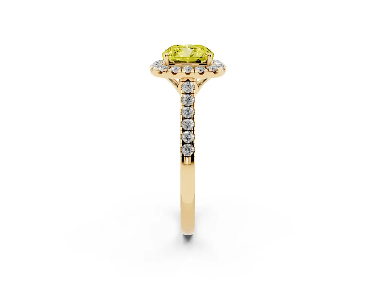 Fancy Yellow Cushion Cut Halo Pavé Diamond Engagement Ring with Four-Prong Setting Yellow gold