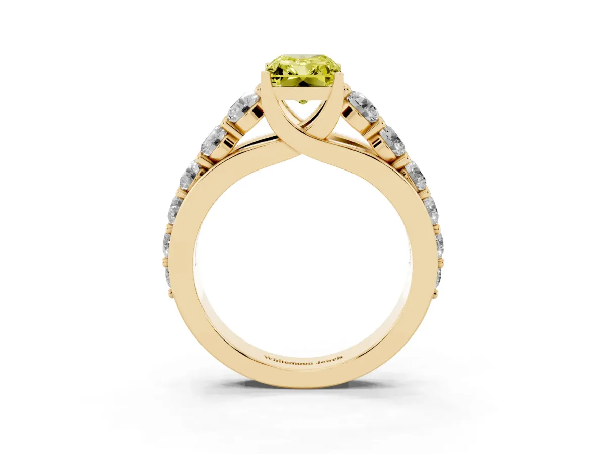 Fancy Yellow Radiant Cut Diamond Engagement Ring with Pavé Band and Four-Prong Setting Yellow gold