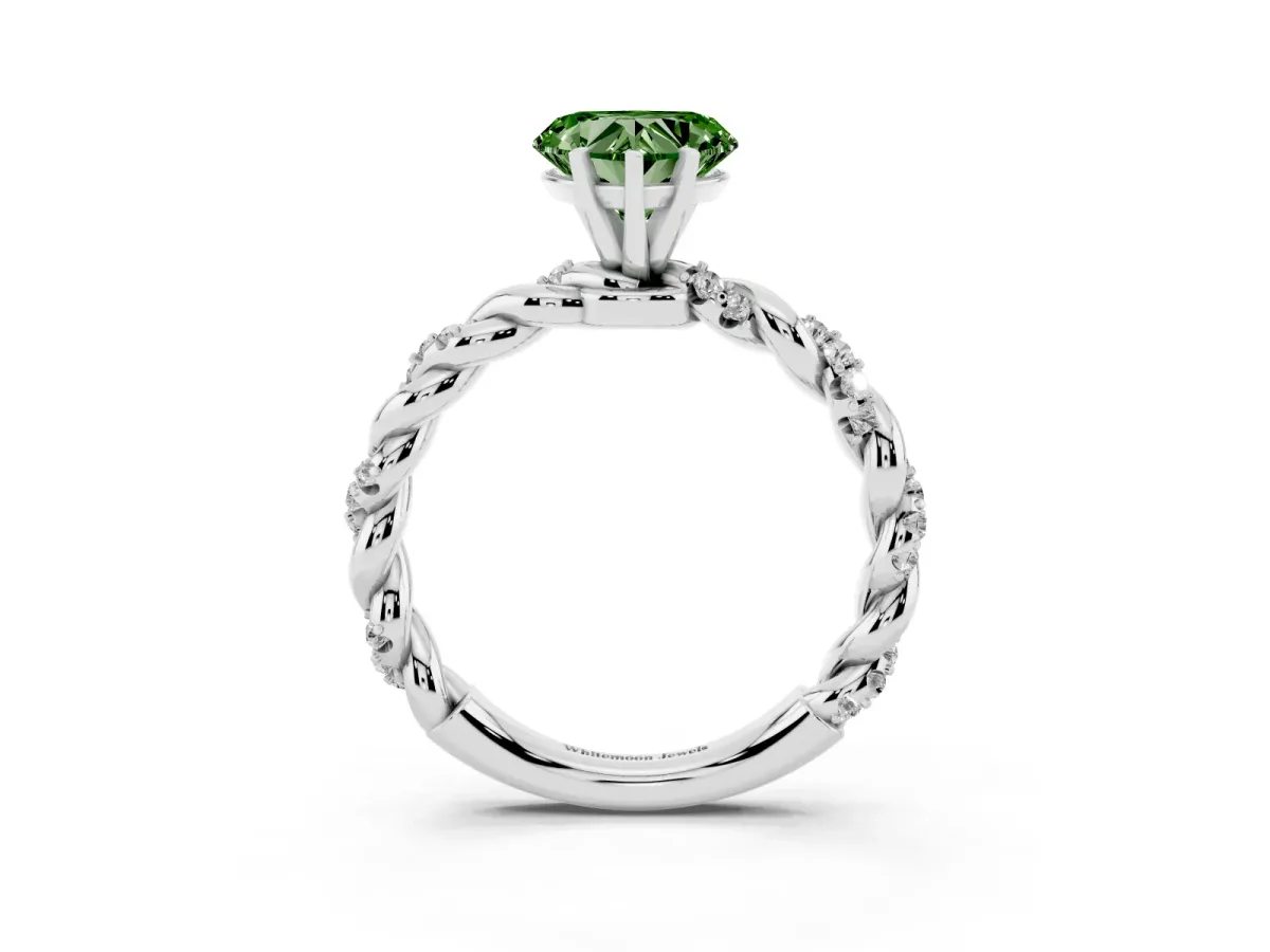 Fancy Green Heart Cut Diamond Solitaire Ring with Twisted Band and Pavé Accents Silver
