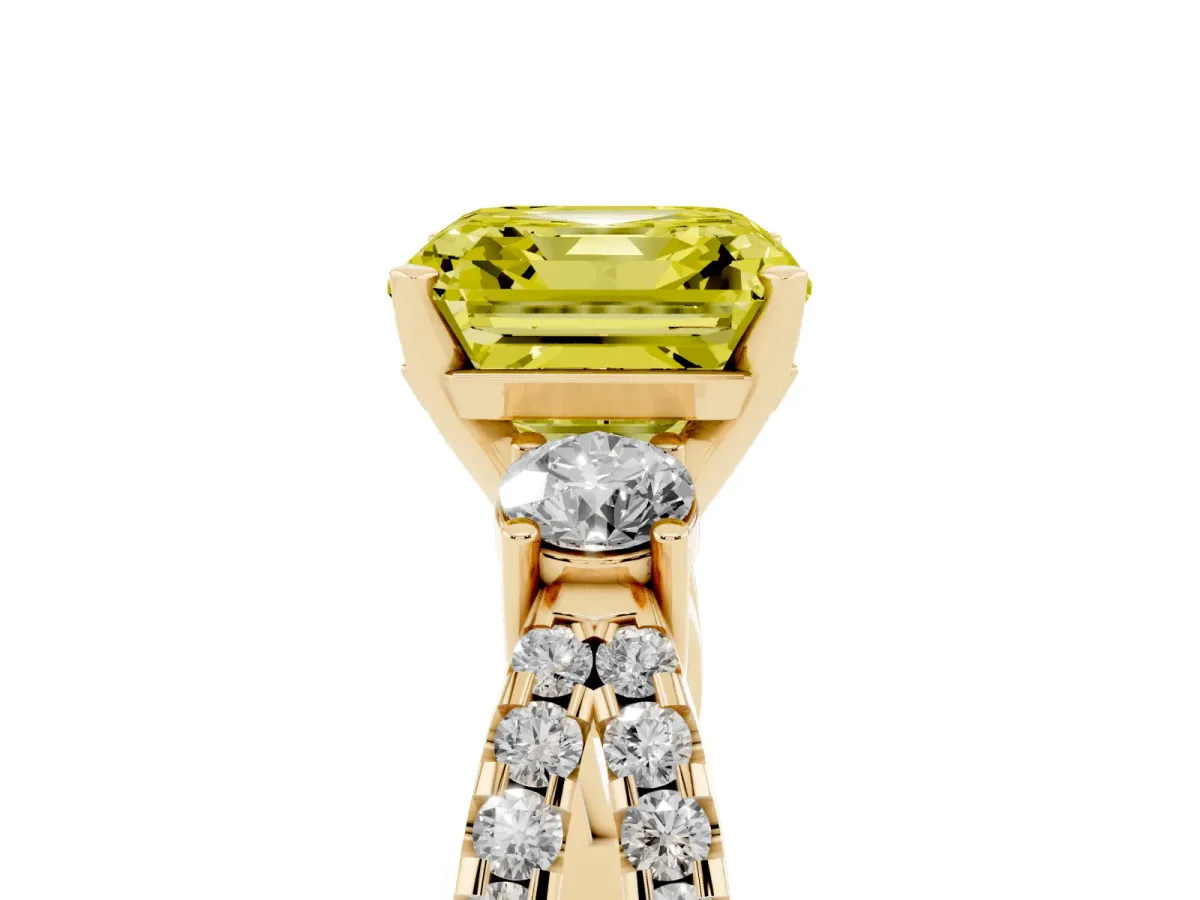 Fancy Yellow Asscher Cut Diamond Three-Stone Ring with Pavé Split Shank and Four-Prong Setting Yellow gold